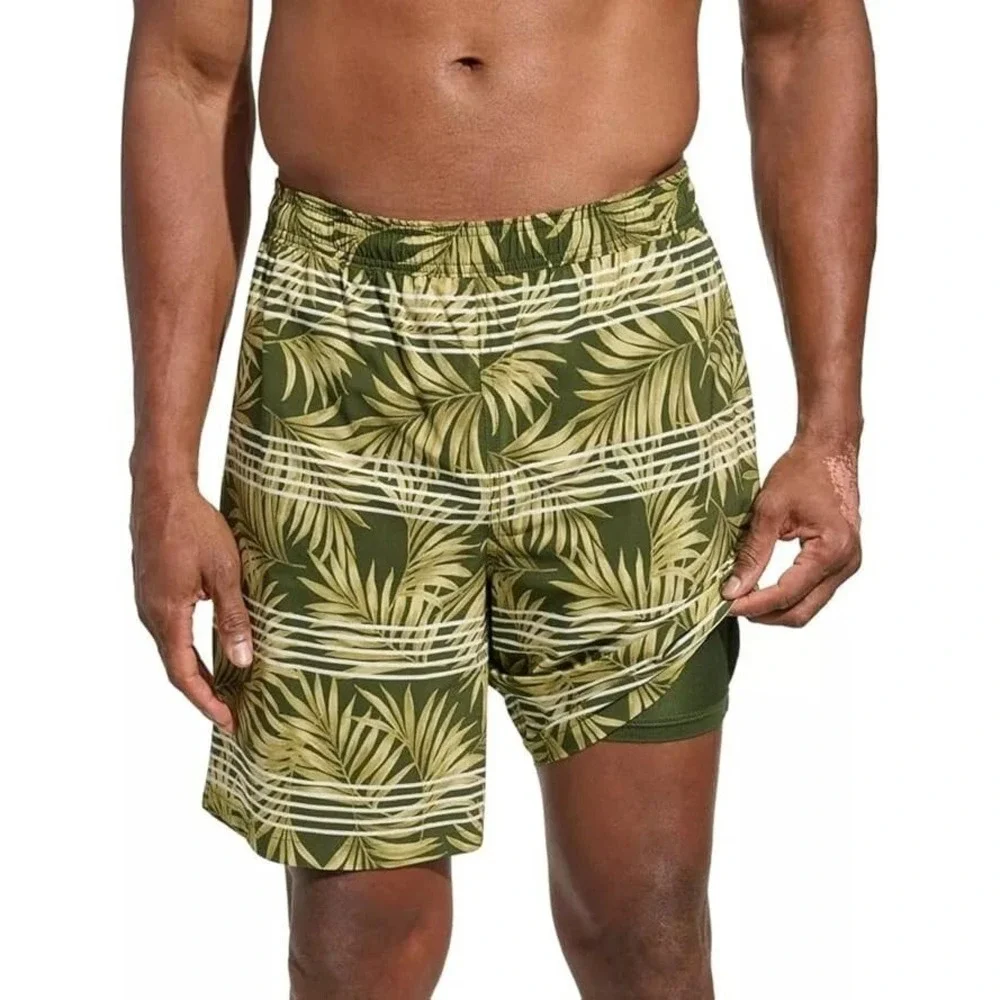 NWT Kirkland Signature Tropical Palm Swim Shorts Men's M Green Stretch Fabric
